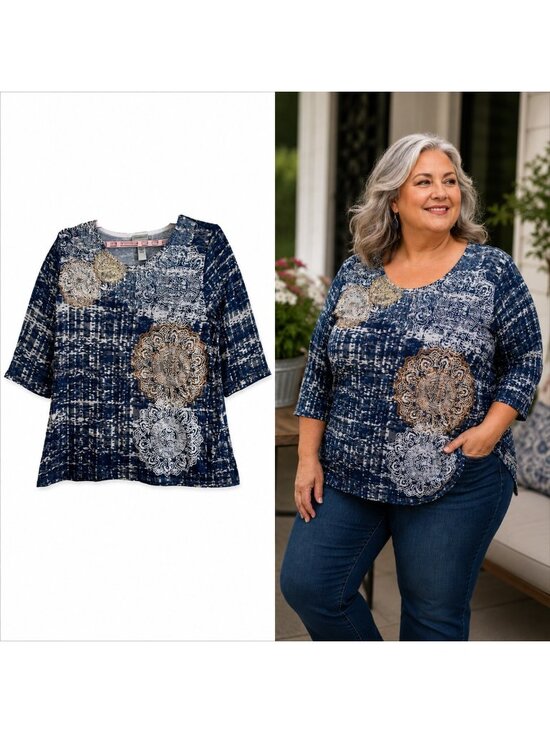 Catherine’s Tops - Catherines Bejeweled Tunic Top 3/4 Sleeve Blue Gold Grey SZ 1X Plus Boho Cottage